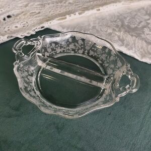 Vintage Clear Cambridge Rose Point Glass Divided Dish with Floral Etching